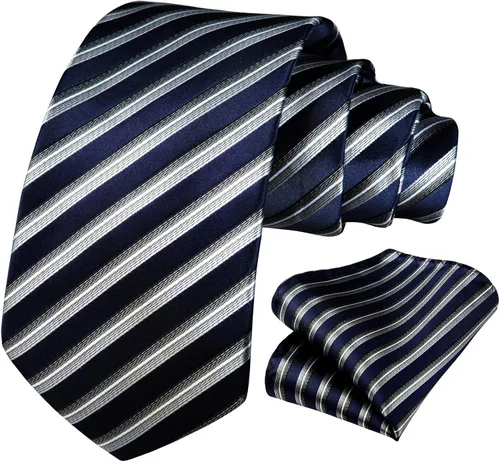 Vista 2 de HISDERN Corbatas de rayas para hombre corbata clásica tejida con corbata a rayas y bolsillo cuadrado conjunto formal de negocios y boda