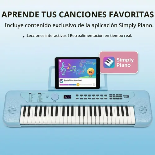 Vista 2 de RockJam Mini teclado RJ490 de 49 teclas con altavoces, azul bebé