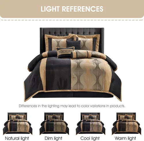 Vista 5 de Grand Avenue - Juego elegante de edredón negro y dorado, a rayas, 7 piezas de juego de cama de jacquard con edredón para todas las estaciones