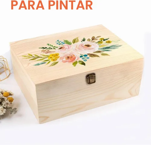 Vista 5 de Caja de madera grande con tapa con bisagras Caja de recuerdo