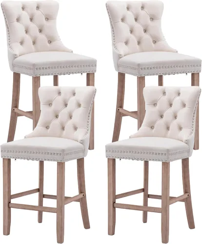 Vista 15 de Taburetes de bar tapizados de terciopelo modernos de 27 pulgadas con patas de madera, botón con cabeza de clavo cromada, taburetes de bar con Beige