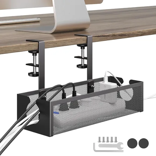 Vista 9 de DELAMU Bandeja de organización de cables para debajo del escritorio, organización de cables de malla metálica sin taladros debajo del escritorio