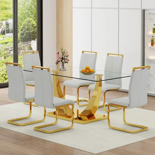 Vista 32 de Juego de Mesa de Comedor Negra para 6, Mesa de Comedor de Mármol Falso de 71" para 6, Juego de Mesa de Cocina Rectangular con Sillas de Cuero PU
