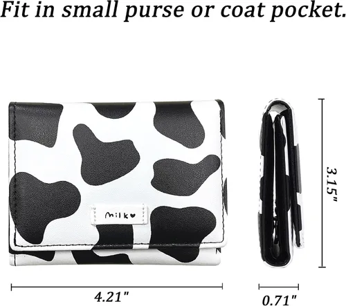 Vista 3 de Linda cartera pequeña Copmact para mujeres y niñas, triple tarjetero para identificación, ventana, bolsillo para efectivo, estampado de vaca