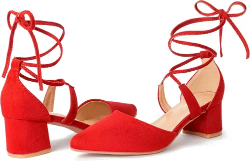 Vista 2 de Heel The World Tacones con cordones para mujer, tacones gruesos con punta puntiaguda, sandalias de vestir de bloque bajo con tiras para mujer