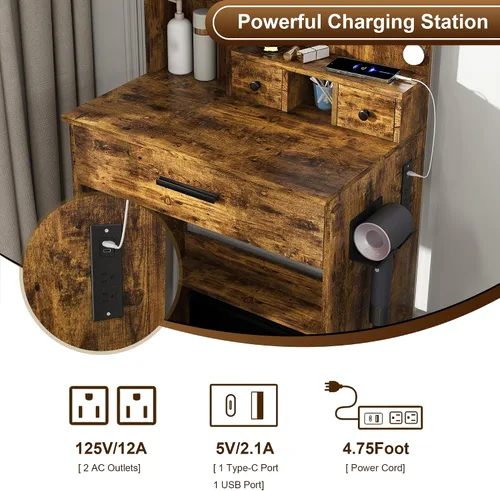 Vista 8 de Mesa de tocador con espejo y luces LED ajustables, soporte para secador de pelo, cajones de almacenamiento y taburete, escritorio compacto