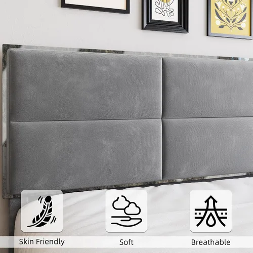 Vista 4 de Base de cama tamaño matrimonial, base de cama con cabecera cuadrada de terciopelo, soporte de listones de madera, antideslizante y sin ruido,
