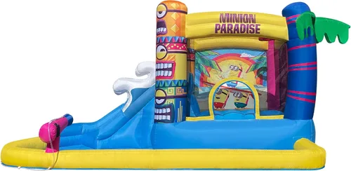 Vista 11 de Funormous Baby Shark - Casa de rebote con tobogán húmedo o seco, tobogán acuático inflable Pink Fong, diversión de tobogán acuático curvo