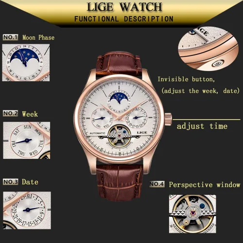 Vista 7 de LIGE Relojes mecánicos de lujo para hombre, reloj de pulsera automático de cuero blanco dorado