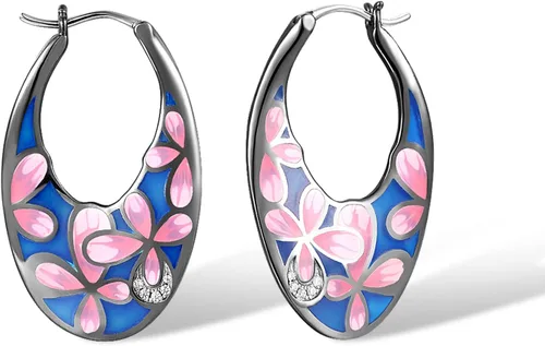 Vista 2 de Santuzza Pendientes de aro de plata de ley 925 hechos a mano con flores esmaltadas