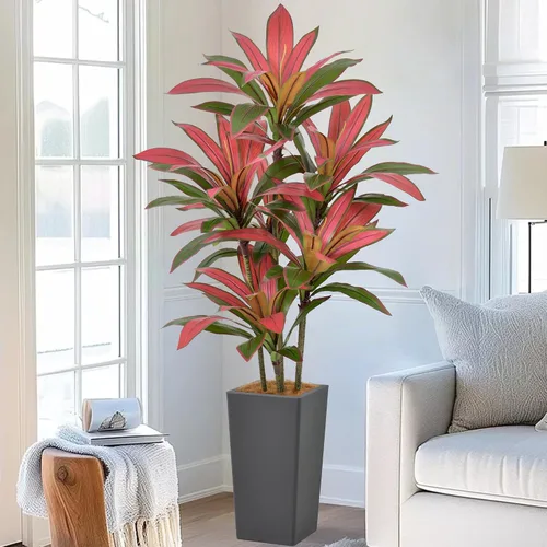 Vista 9 de Roselywed - Árbol de Dracaena artificial rojo de 5 pies, 90 hojas y maceta Maceta alta gris