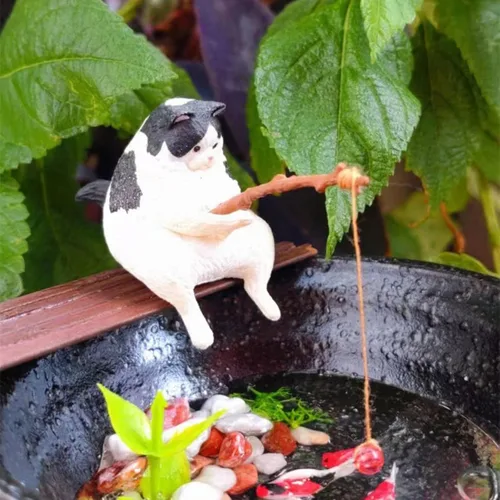 Vista 4 de Decoración de acuario de gato de pesca en miniatura, mini estatua de animales, decoración de animales de acuario, juego de figuras en miniatura