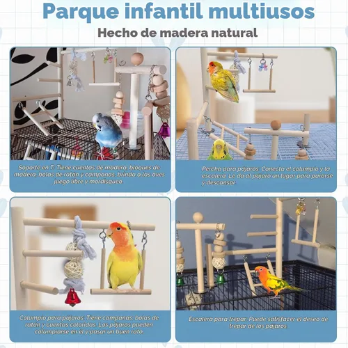 Vista 3 de PINVNBY Parque infantil para pájaros, loro, gimnasio, periquitos, jaula de juego, soporte de madera, perchas, corralito, escalar, juguete