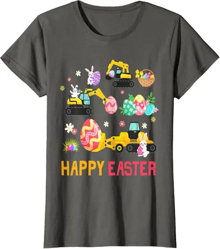 Vista 8 de Kids Happy Easter Construction Crane Truck Boys Toddler T-Shirt Negro