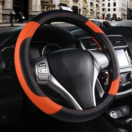Vista 8 de Funda de cuero para volante de auto, protector antideslizante para volante de auto de cuero de microfibra transpirable, ajuste universal