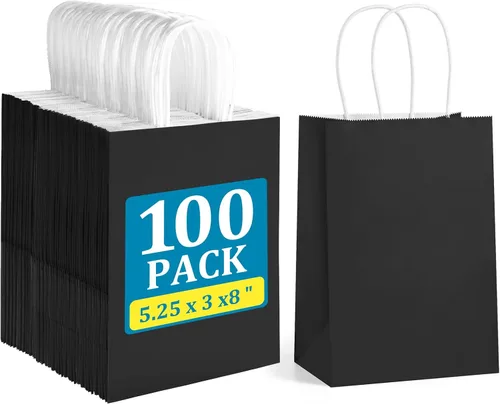 Vista 7 de BagDream Bolsas de regalo negras de 5.25 x 3 x 8 pulgadas, pequeñas bolsas de papel kraft con asas, paquete de 100 unidades para Halloween