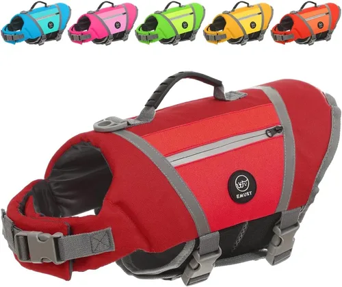 Vista 13 de EMUST Chaleco salvavidas para perro, chaqueta ligera con bolsillos, elegante preservador con asa de rescate y rayas reflectantes para nadar