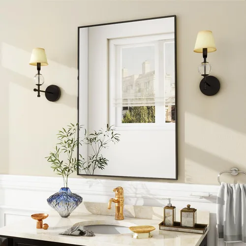 Vista 9 de BEAUTYPEAK Espejo de pared rectangular dorado de 24 x 36 pulgadas con marco de metal, se cuelga horizontal o vertical para sala de estar