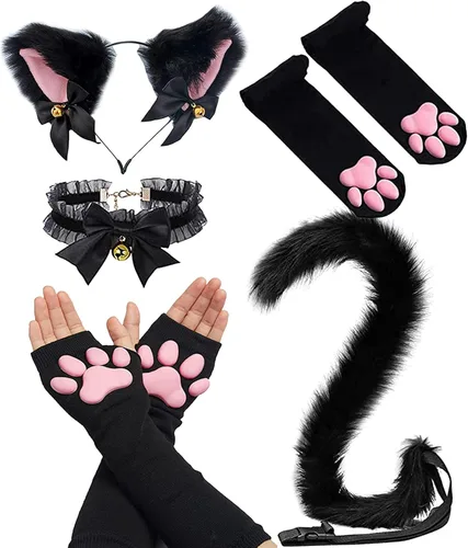 Vista 12 de Juego de calcetines altos en 3D con pata de gato y accesorios para Juego de 4 piezas color negro