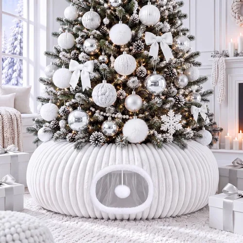 Vista 25 de Túnel de árbol de Navidad para gatos de 36 pulgadas, cama de dona, blanco