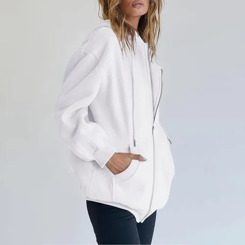 Vista 3 de SHAOBGE Sudaderas de otoño para mujer, sudaderas con cremallera de gran tamaño, ropa Y2K, chaqueta casual con cordón y bolsillos