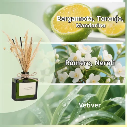 Vista 2 de Difusor de junco, 6.09 onzas, difusor de aroma a bosque cítrico con varillas y flores secas, difusor de 120 días de larga duración para el hogar