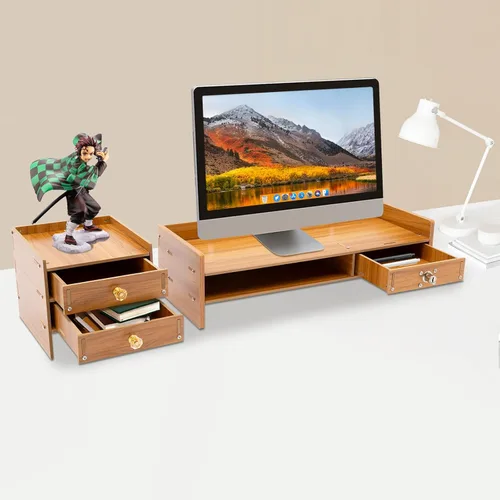 Vista 3 de Estante de madera para monitor de computadora con cajones, soporte ajustable para monitor de TV para laptop, organizador de almacenamiento