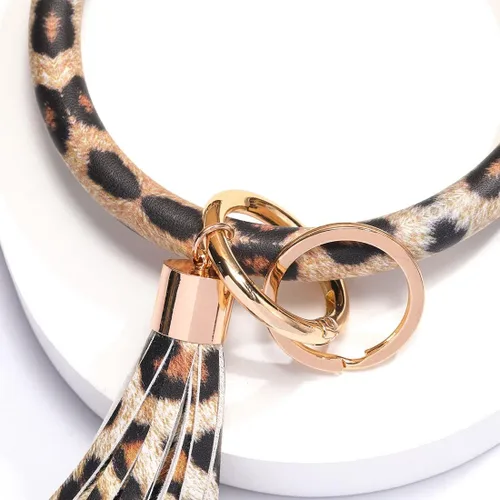 Vista 3 de Coolcos Llavero de piel, círculo grande con borla, para muñeca, brazalete, regalo para mujer