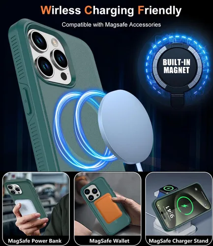 Vista 2 de Funda magnética para iPhone 15 Pro Max, compatible con MagSafe, grado militar de 10 pies, anticaídas, con protector de pantalla de vidrio templado