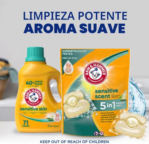 Vista 11 de ARM & HAMMER Paquete de detergente para ropa Sensitive Skin, aroma fresco, 42 unidades Probado por dermatólogos, hipoalergénico, poder de lucha
