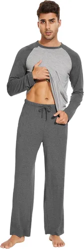 Vista 4 de WiWi Conjunto de pijama de bambú de manga larga para hombre, ropa de dormir de punto cómoda de 2 piezas, conjuntos de ropa de descanso