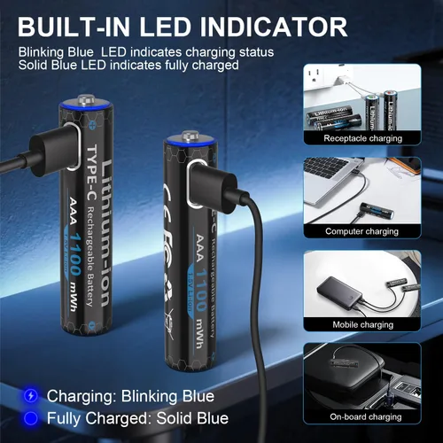 Vista 5 de Baterías de litio AAA recargables USB de 1100 mWh (paquete de 4, 1.5 V), baterías triple A con cable tipo C, 1200 ciclos, batería AAA de larga