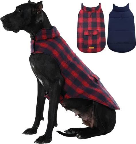 Vista 28 de Kuoser - Abrigo de invierno para perro reversible de estilo británico, abrigo de clima frío para cachorros, ropa resistente al viento, chaleco