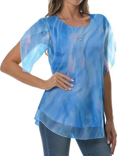 Vista 3 de HAOMEILI Blusas de malla de manga 34 con volantes para mujer, blusas holgadas y elásticas