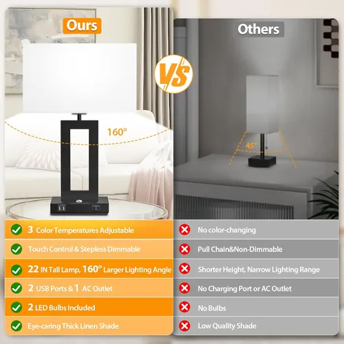 Vista 4 de Kondras Juego de 2 lámparas de mesa para dormitorios, 3 temperaturas de color, control táctil, lámparas de noche con 2 puertos USB y salida de CA