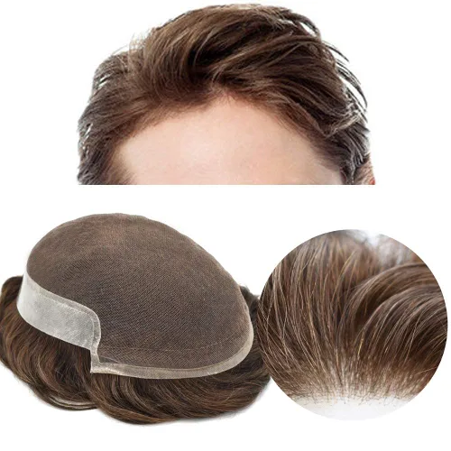 Vista 53 de Tupé para hombre con encaje suizo para hombre, sistema de reemplazo de cabello humano real, extensiones de nudo blanqueado para prótesis de cabello