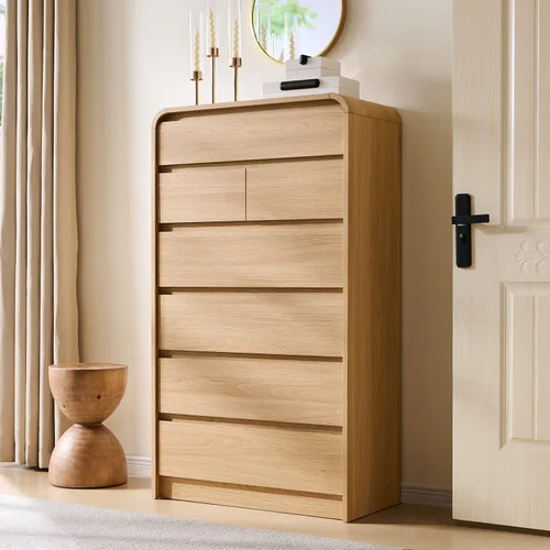 Vista 13 de Aitjunz - Cómoda moderna de 5 cajones para dormitorio, 45 pulgadas de alto, diseño de perfil curvo, cómoda vertical de madera estilo Mid-Century