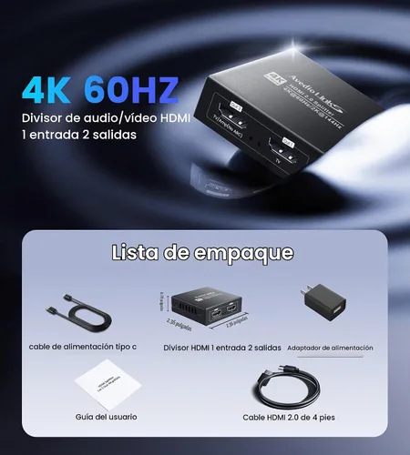 Vista 9 de Divisor HDMI 4K @60Hz 1 en 2 salidas para TV y barra de sonido con cable HDMI de 4 pies, derivación HDCP 2.2, divisor de audio HDMI compatible