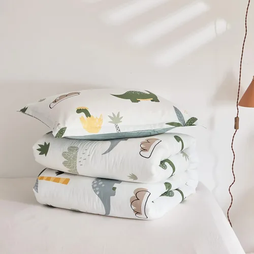 Vista 4 de Juego de edredón de algodón de dinosaurio para niños y niñas, edredón de algodón de 3 piezas, tamaño individual, diseño de dinosaurios verdes Dino