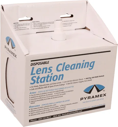 Vista 2 de Estación de limpieza de lentes Pyramex con 16Oz Solución de limpieza 1200 tejidos