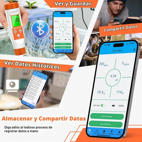 Vista 3 de Medidor de pH para agua, medidor inteligente de pH TDS EC para agua hidropónica Naranja-4