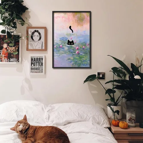 Vista 6 de Arte de pared divertido enmarcado de gato Monet Waterlily Cat Poster para habitación decoración estética, lindas imágenes de gato negro, impresiones