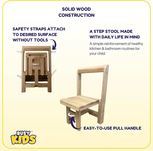 Vista 4 de Fold 'N Store Taburete para niños pequeños, taburete de madera para cocina y baño, ayudante plegable para lavado de manos, cepillado de dientes