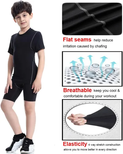 Vista 4 de 3 Pack Youth Boys Compression Shirt Athletic Short Sleeve Football Undershirts Quick Dry Jerseys Soccer Shirts