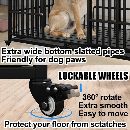 Vista 5 de Jaula resistente para perros de 54 pulgadas, jaula para perros gigantes extra grandes con 2 puertas, ruedas con bloqueo, bandejas extraíbles, acceso