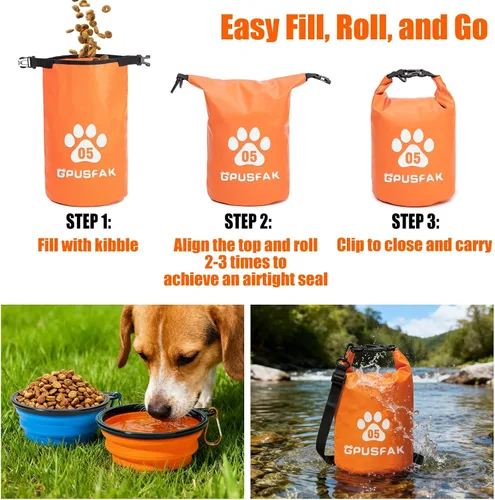 Vista 7 de Bolsa de almacenamiento de alimentos para mascotas con cuenco (32 tazas) – Bolsa de viaje de comida para perros con cremallera superior enrollable