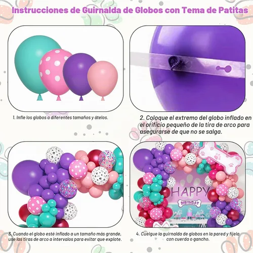 Vista 3 de Kit de arco de guirnalda de 147 piezas de globos con diseño de pata con globos con estampado de pata de perro rosa, morado, turquesa, globos
