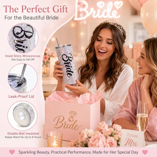 Vista 4 de Vesici Vaso de novia con diamantes brillantes de 20 onzas, taza de novia aislada con popote y tapa, regalos de boda para fiesta de compromiso