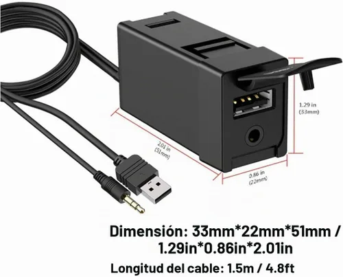 Vista 2 de USB AUX Flush Mount - Cable de extensión Jack para panel de tablero de automóvil compatible con Toyota, 3.5mm y enchufe de montaje de extensión USB