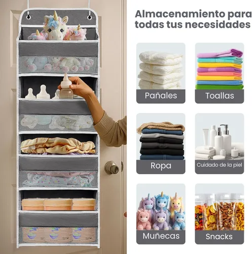 Vista 6 de Organizadores de cocina y almacenamiento con 4 bolsillos laterales de malla, capacidad de peso de 44 libras para colgar detrás de la puerta